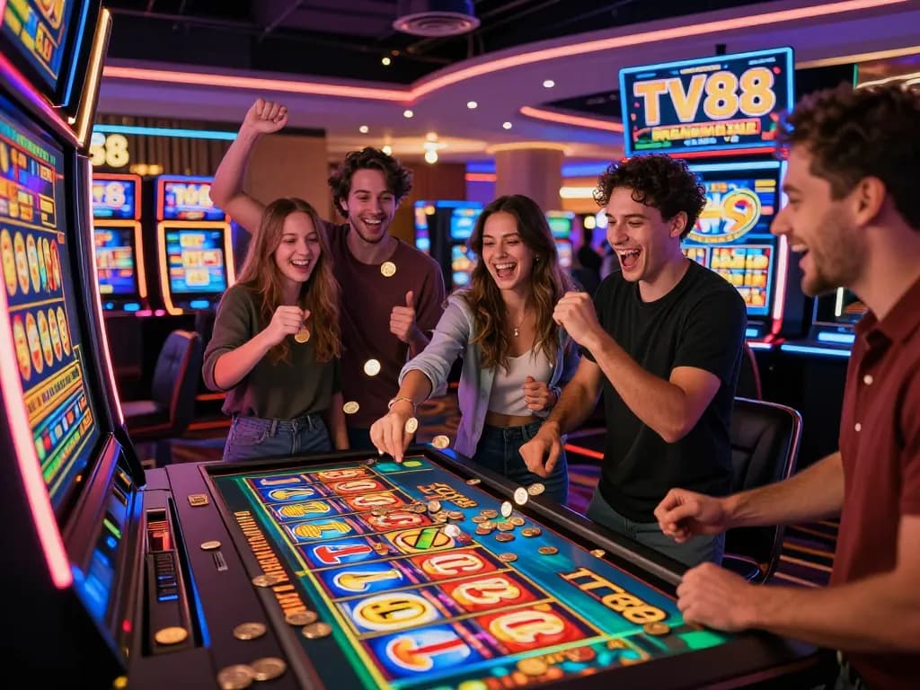 Friends enjoying a TV88 slot gaming experience with coins and excitement.