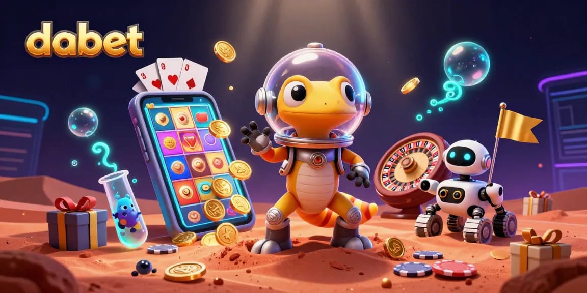 dabet offers exciting gameplay with a Martian gecko uncovering a golden casino in a vibrant scene.
