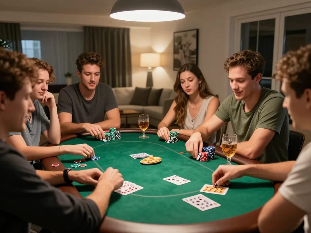 Teman-teman menikmati malam poker dengan aplikasi starplay88 terbuka, menampilkan chip dan kartu di lingkungan yang nyaman.