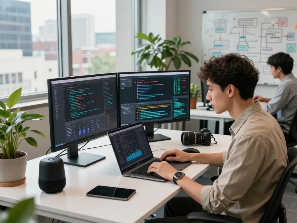 Developer coding with juicy ai in a modern urban workspace, featuring high-tech gadgets and vibrant atmosphere.