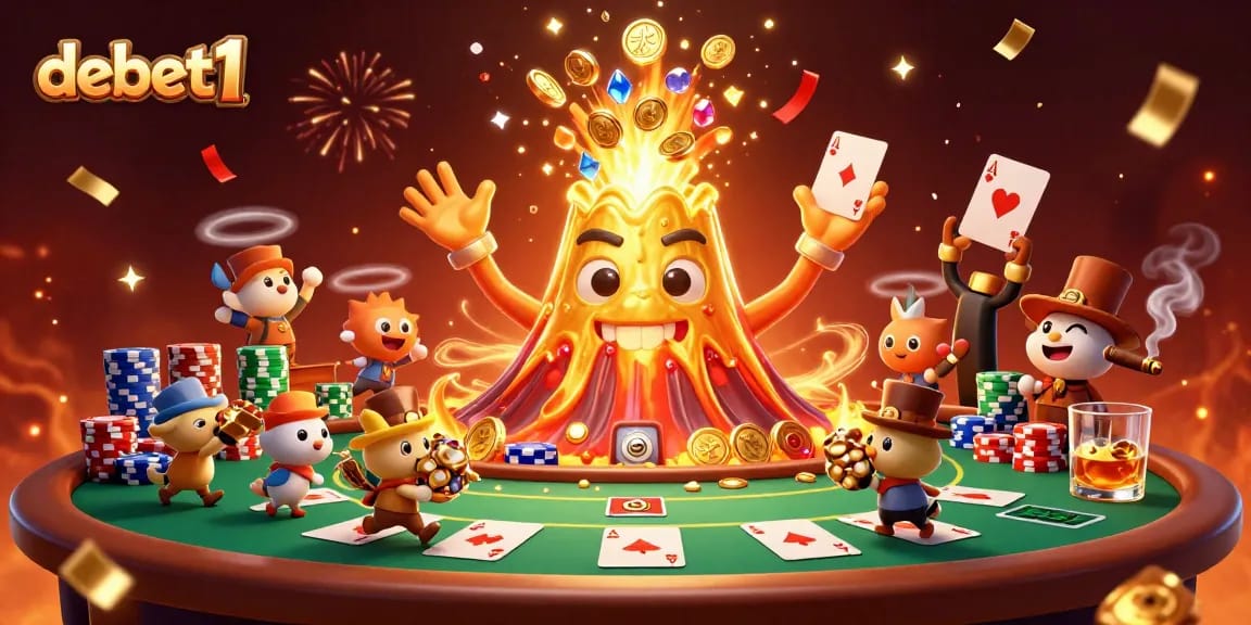 Experience the thrill of debet1 as a golden volcano erupts with treasures at a lively poker table.