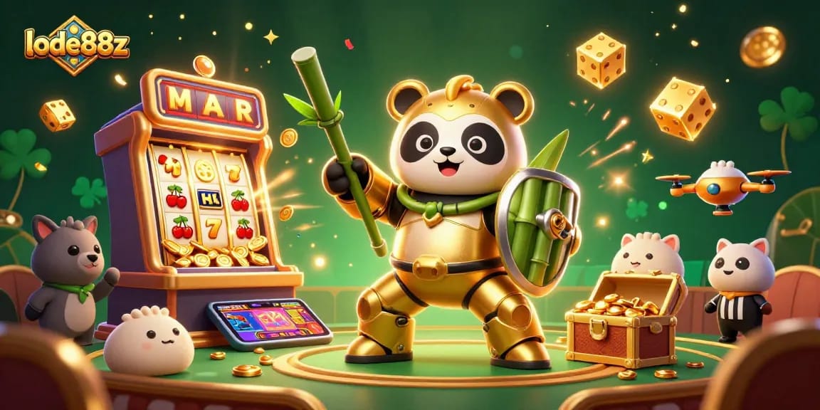 Experience the excitement of lode88z with a cartoon panda robot amidst a jackpot explosion, showcasing a vibrant casino atmosphere.