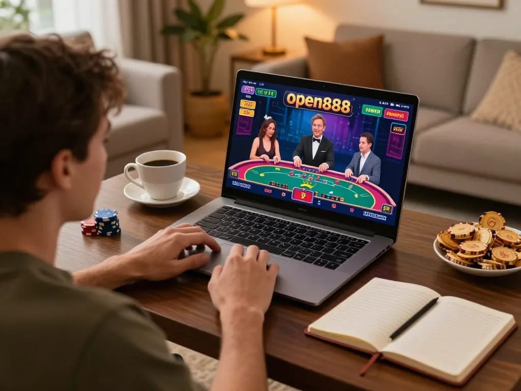 Player engaged in a live dealer game at open888 online casino from home setup with coffee and strategy notes.