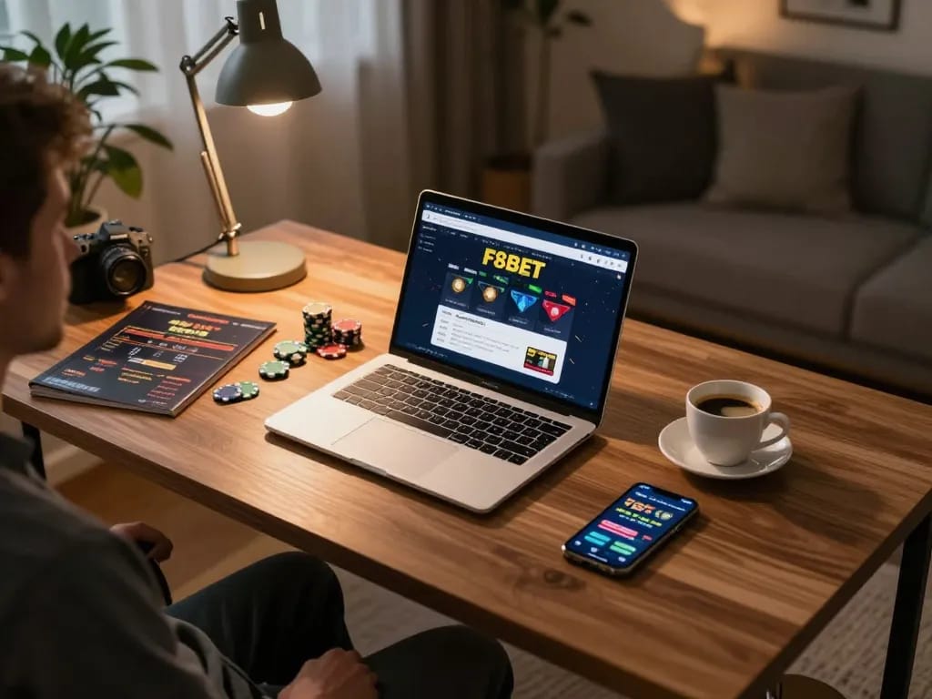 Player engaging with F8BET on a laptop for an enjoyable online betting experience.