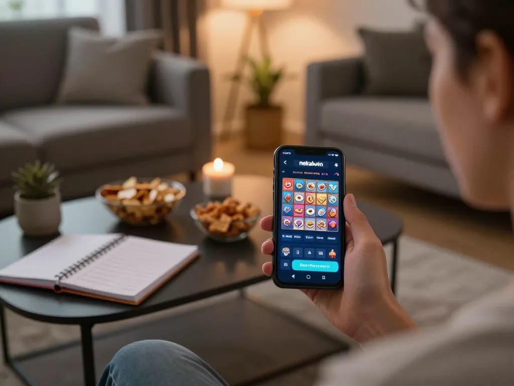 Engaging in slot nekatwin games on a smartphone in a cozy living room, highlighting a modern online gaming experience.