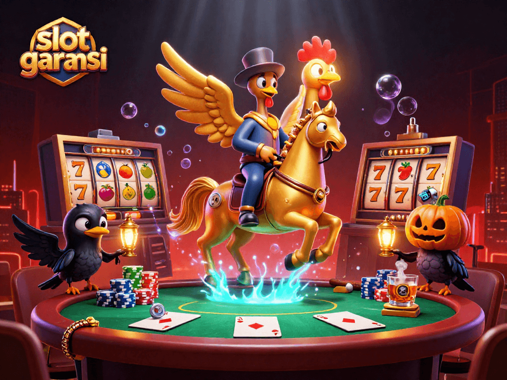 Experience slot garansi in an immersive, 3D casino scene filled with vibrant characters and dynamic elements.