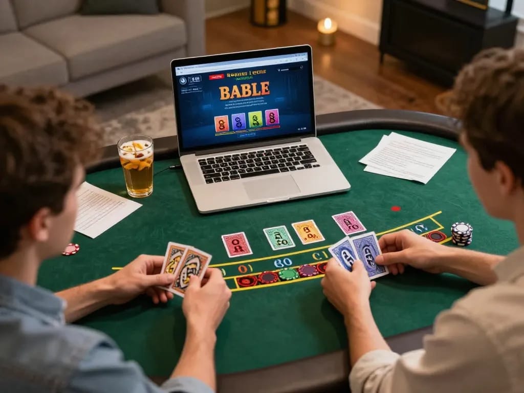 Engaging players strategizing at online usa casinos with blackjack on a laptop.