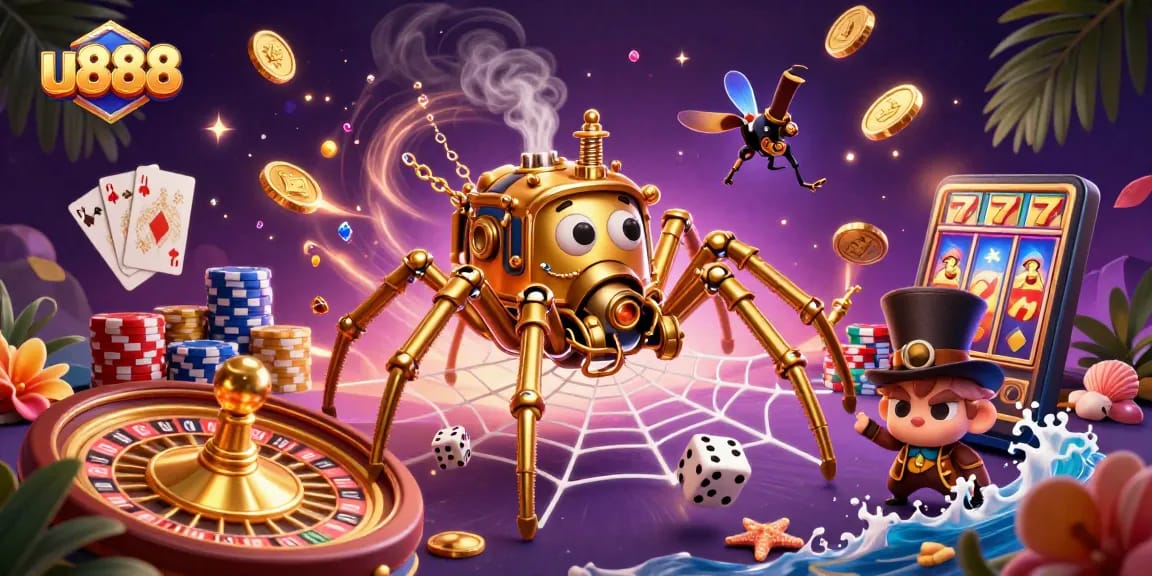 Play exciting games at u888, featuring a fun steampunk spider and various casino elements.