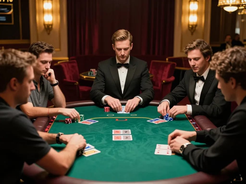 Engaging scene of high-stakes poker action at a Go 88 casino table, players strategizing their next moves.