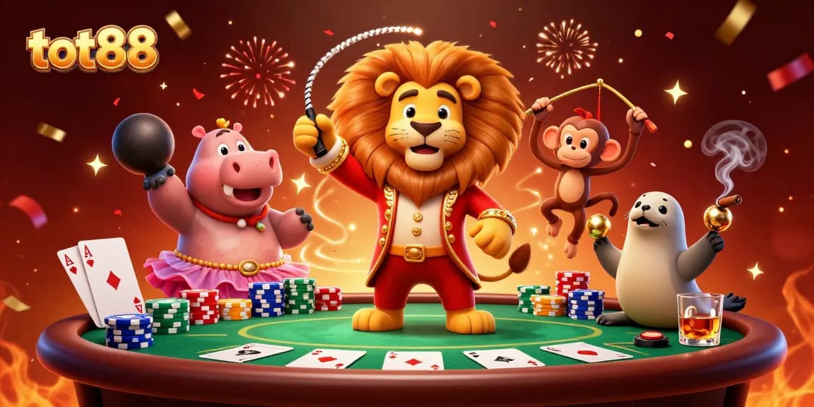 Join the excitement at tot88, where a ringmaster lion and circus animals bring the thrill of poker to life!