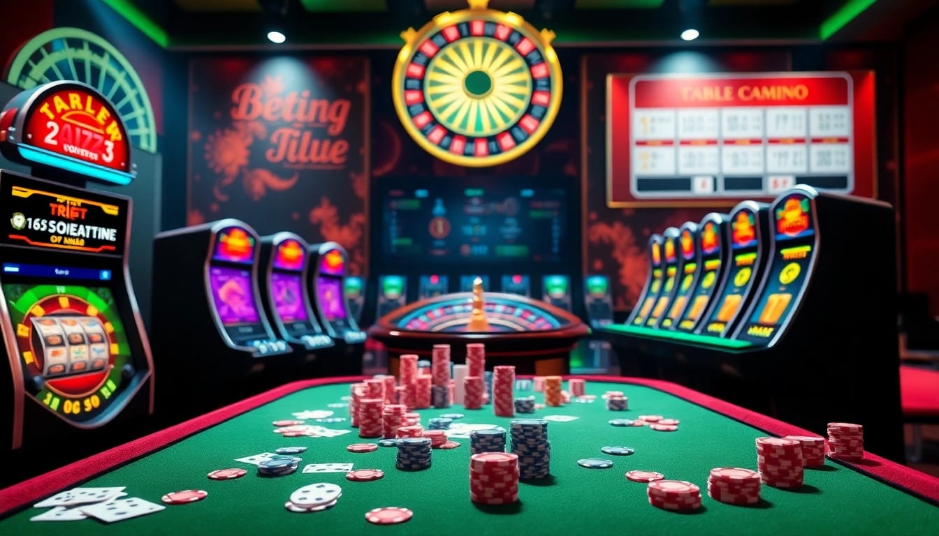 Exciting action at nhà cái rr88 with vibrant casino elements including tables, cards, and slot machines.