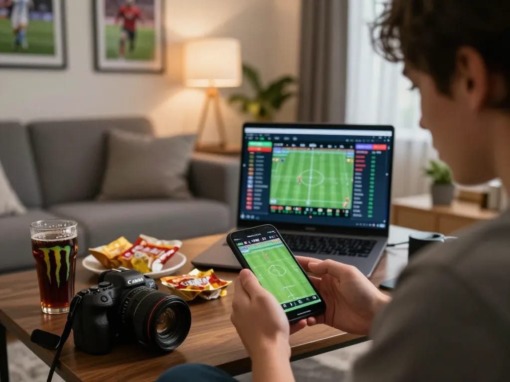 Engaging moment of a user placing bets on bk8's sports betting app during a live football match.