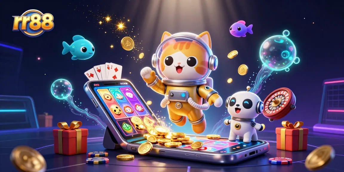 Spin the reels at rr88 with a vibrant 3D cat and robotic dog amidst cosmic gaming fun.