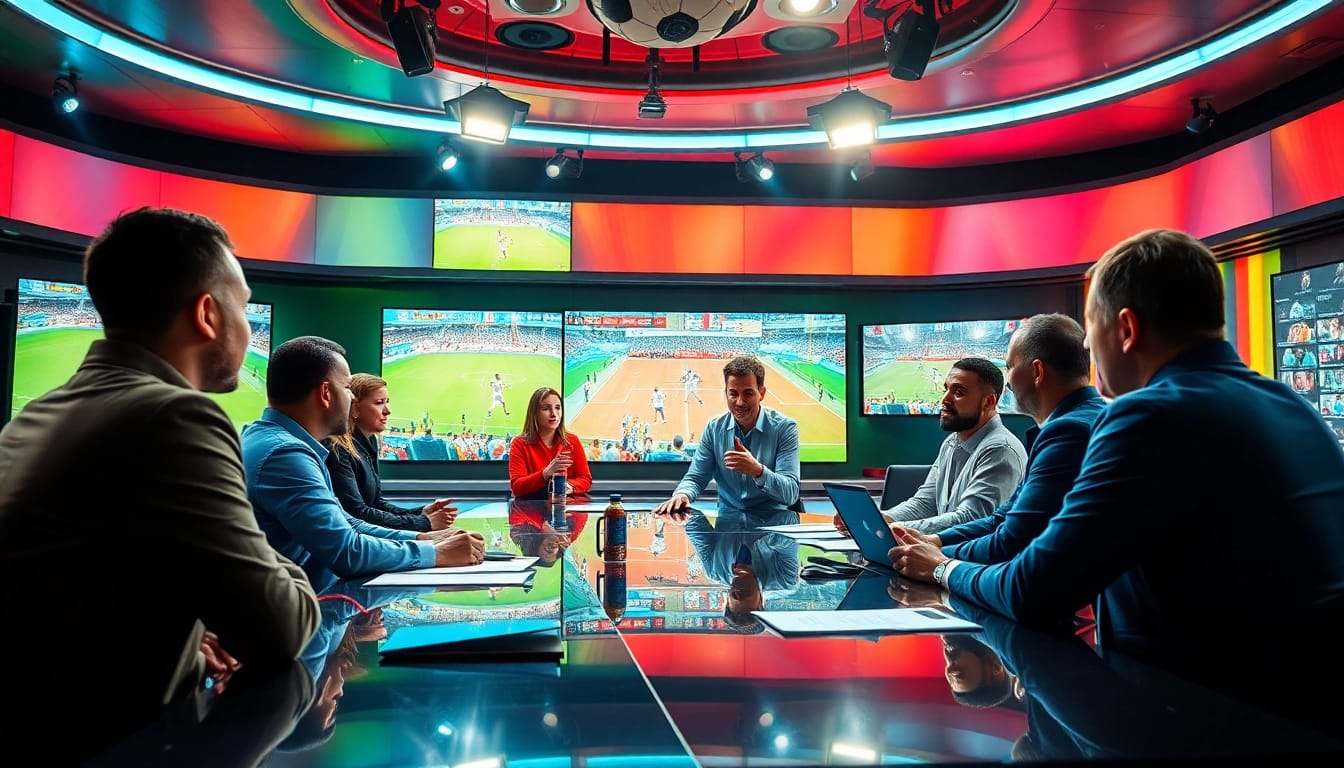 Highlighting the excitement of Sports Broadcasting in a modern studio setup with dynamic commentators.
