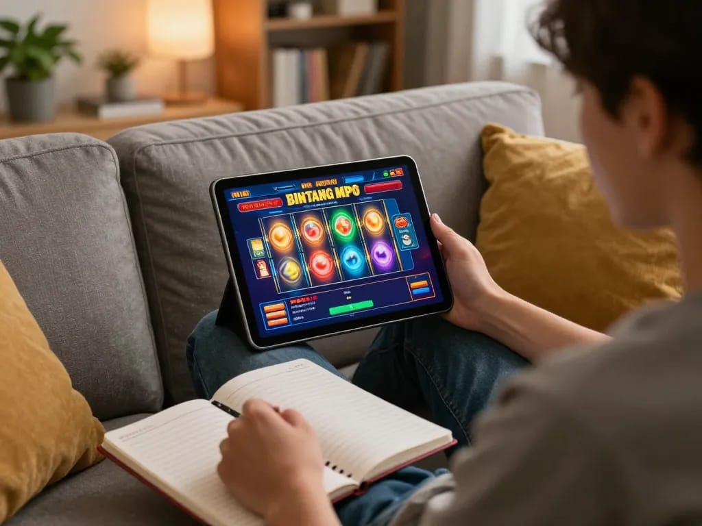 Pemain Bintangmpo berinteraksi dengan mesin slot online di tablet, lingkungan rumah yang nyaman.