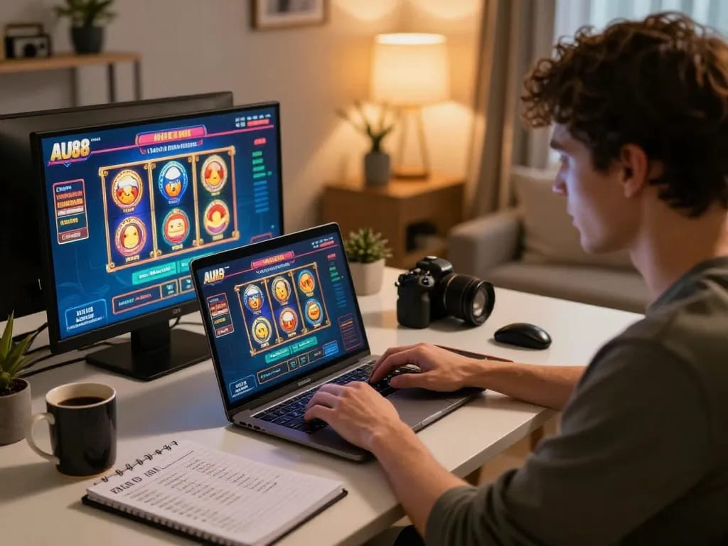 Player enjoying AU88 online casino games on laptop for strategic betting experience.