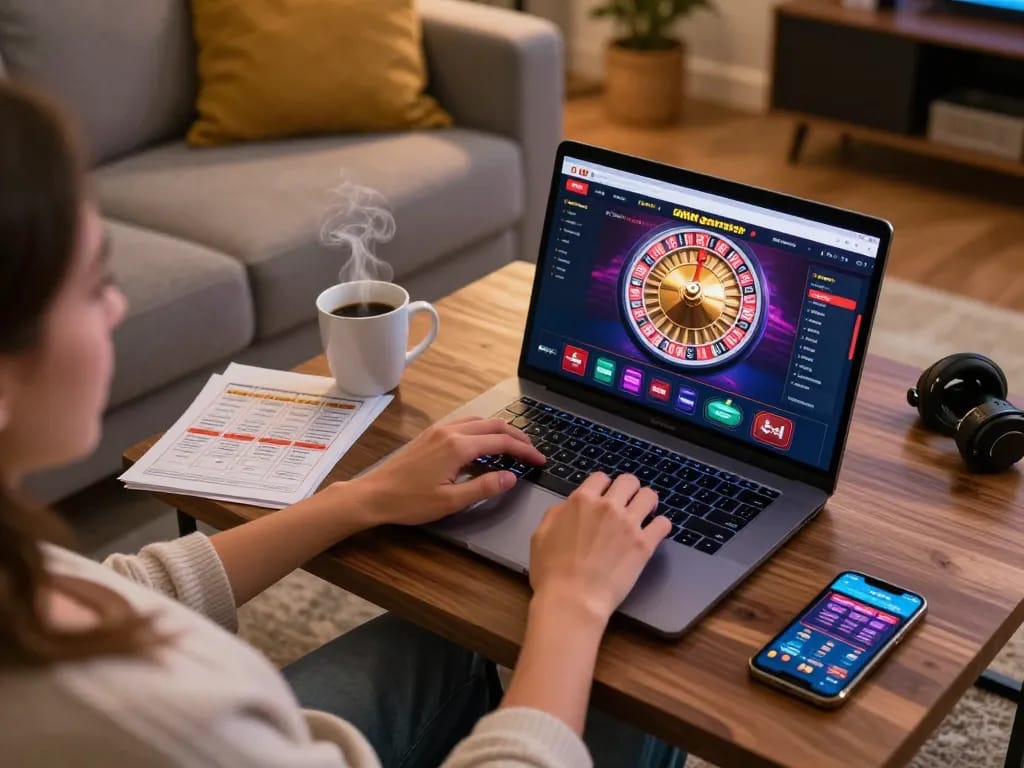 Player engaging with non gamstop casino website on laptop, showing vibrant gaming setup and strategy notes.