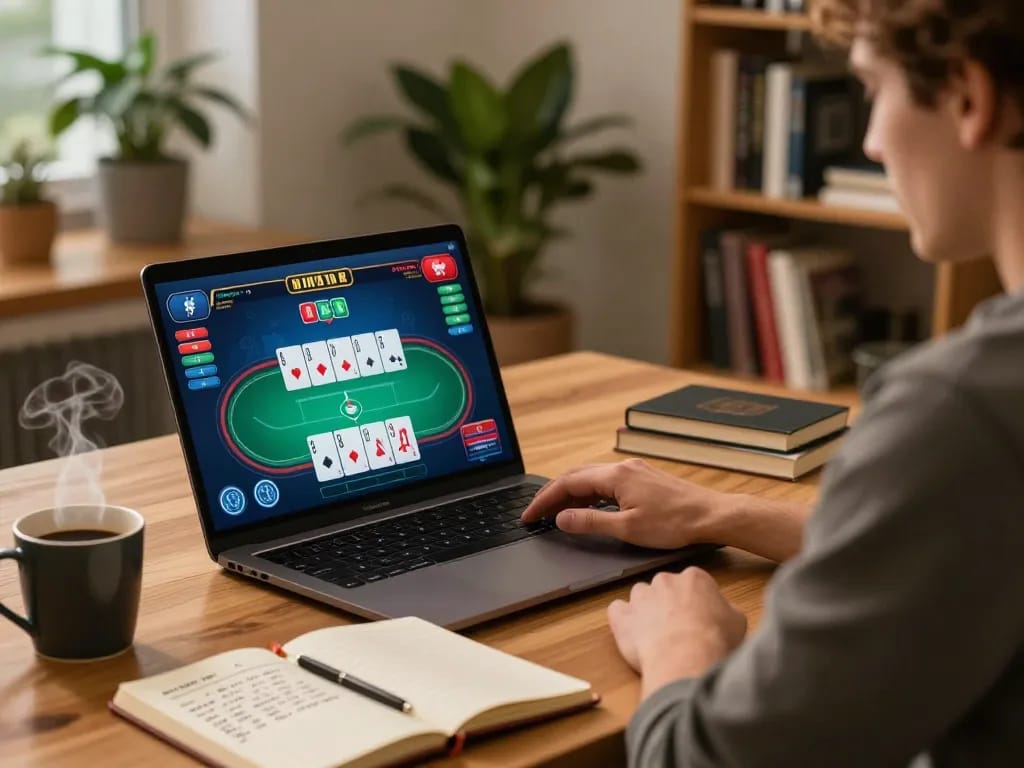 Experience strategic poker gameplay with m105 in a cozy online gaming setup featuring a laptop and notes.