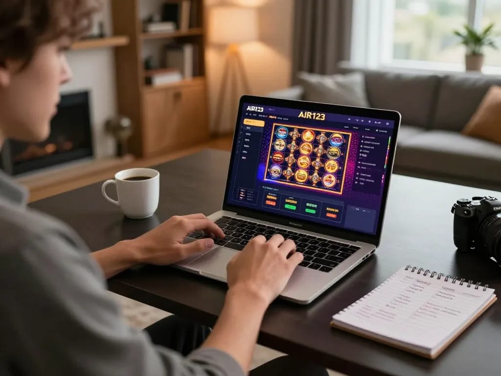 Rasakan permainan online yang dinamis dengan AIR123 di meja kerja yang bergaya, berinteraksi dengan fitur kasino modern.