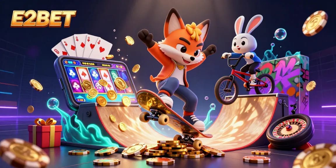 E2BET's vibrant casino illustration featuring a skateboarder fox and BMX rabbit amidst dynamic gaming elements.