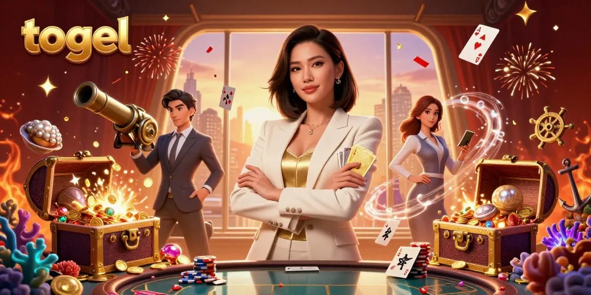 Togel illustration highlighting an elegant Asian woman with poker cards in a vibrant casino scene.