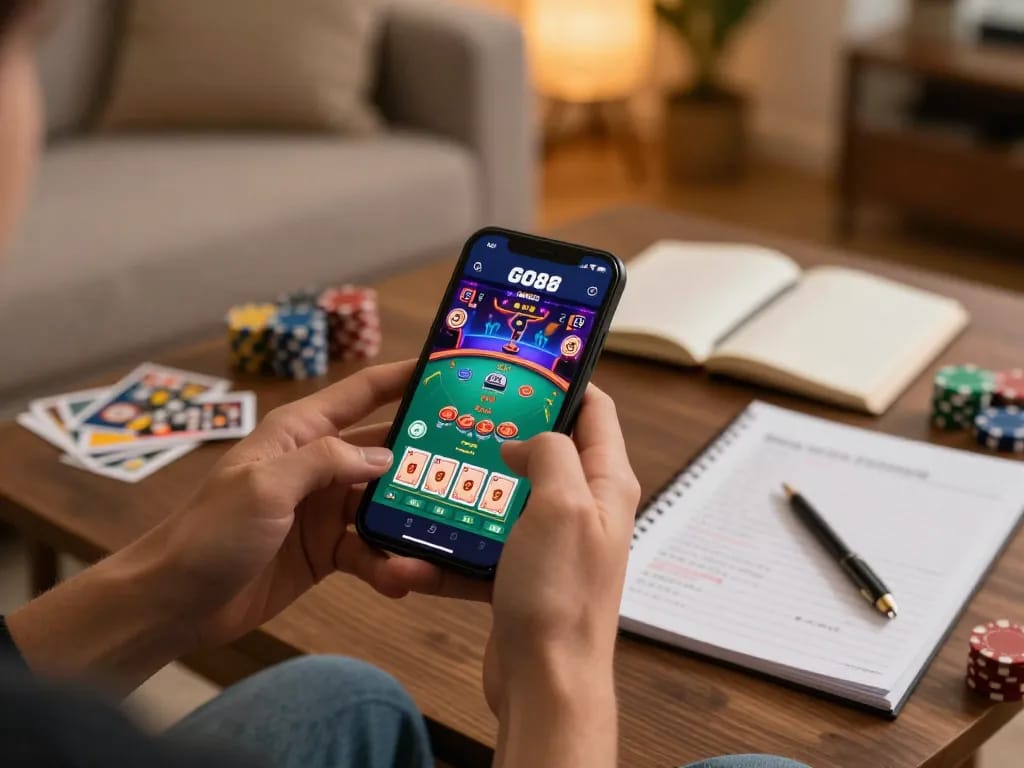 Engaging gameplay on the GO88 app as a player strategizes with notes and smartphone in cozy home.
