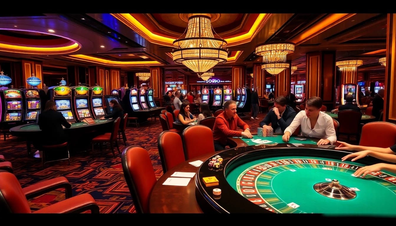 Players enjoying thrilling games at SODO CASINO, featuring vibrant tables and slot machines.