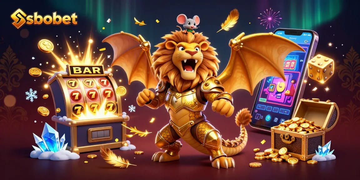 Bet on sbobet with a thrilling 3D illustration showcasing a golden chimera and vibrant casino elements.