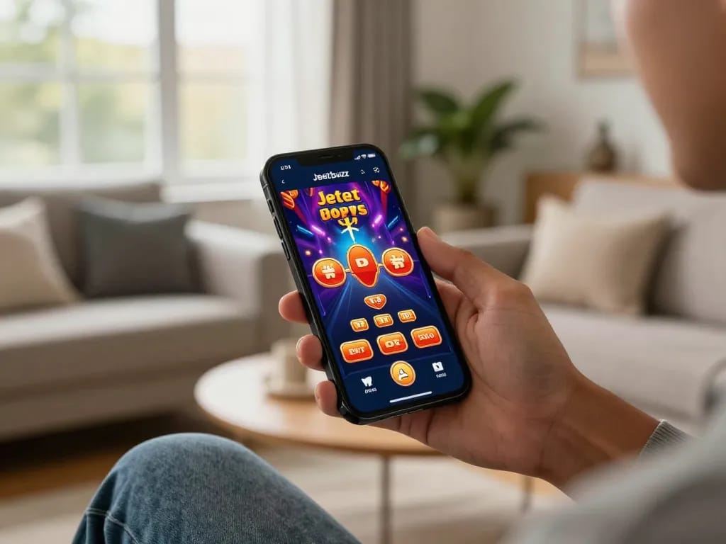 Winning moments using the Jeetbuzz App on a smartphone while relaxing in a cozy living room.