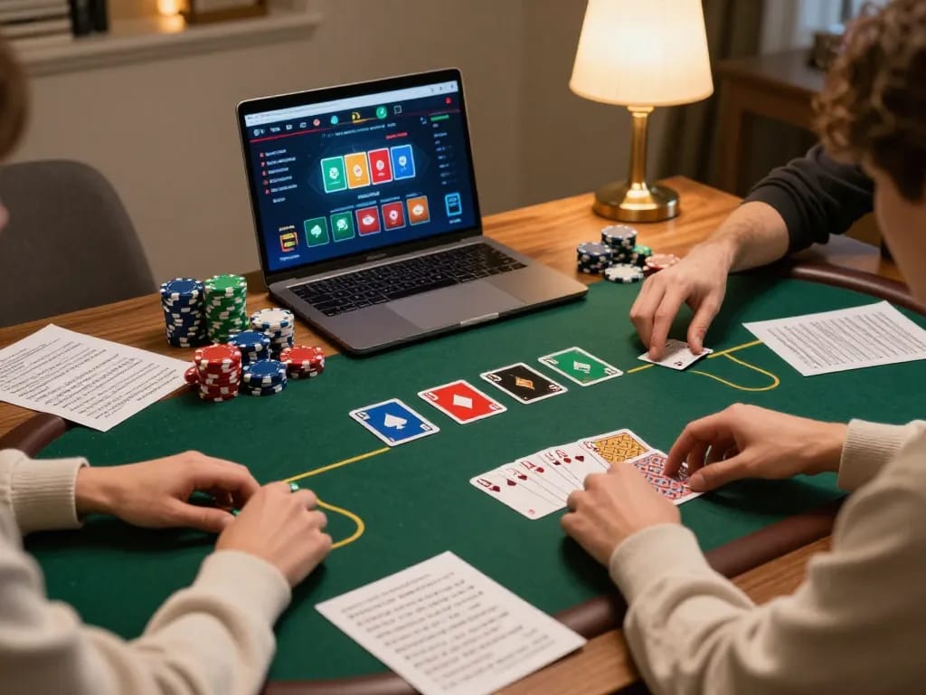 Engaged player enjoying a lively online poker game on 68win app, showcasing colorful chips and cards in an inviting home environment.