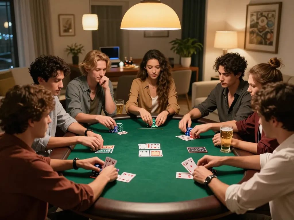 Players enjoying a poker game at home with mega888, focusing on strategy and social interaction.