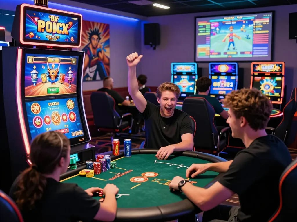 Excited players enjoying sunwin9 cocom gaming experience in vibrant gaming room.