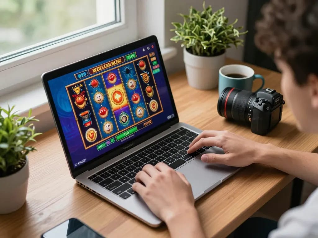 Engaging gameplay at South African Online Casinos with player on laptop enjoying slots
