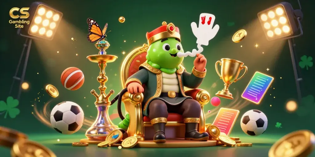 Vibrant and dynamic scene of a CS Gambling Site with an enormous caterpillar hookah-master, sports balls, and golden elements.
