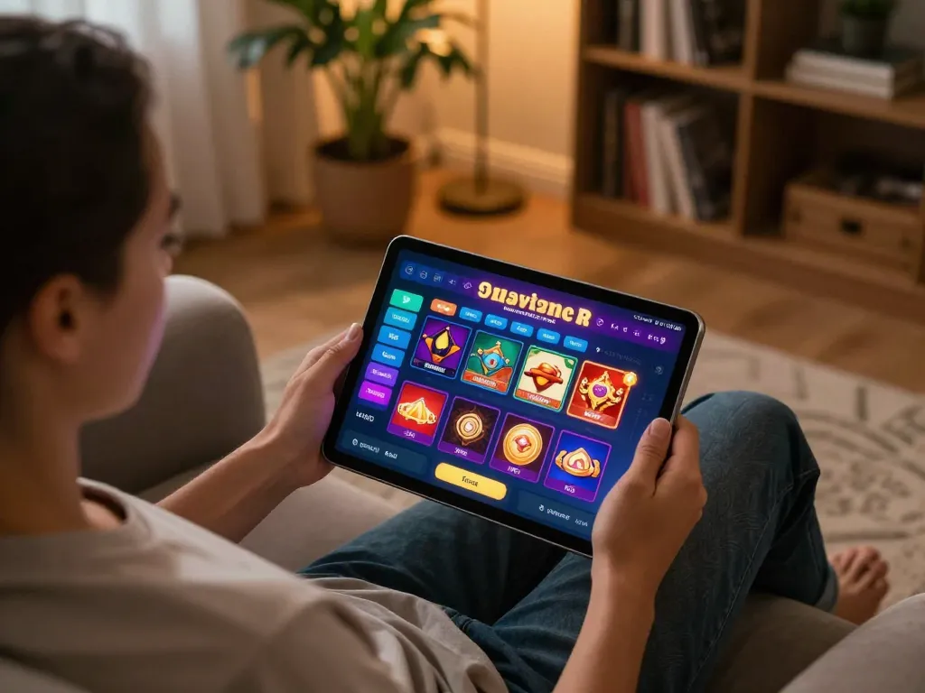 The player engages with rr99's vibrant casino app on a tablet in a cozy living room setting.