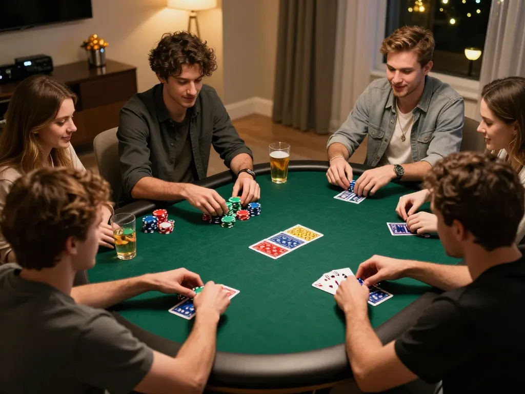 Malam poker Dewi123 bersama teman-teman terlibat dalam permainan berisiko tinggi, chip dan kartu berwarna-warni di meja.