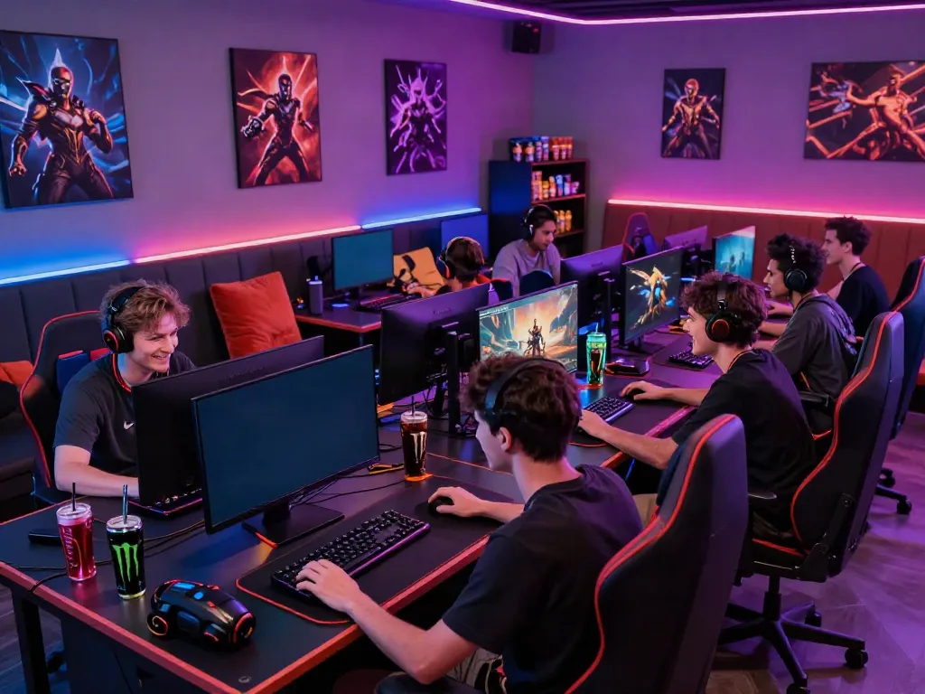 A diverse group of gamers engaged in action, showcasing akunjp online gaming experience in a vibrant lounge.