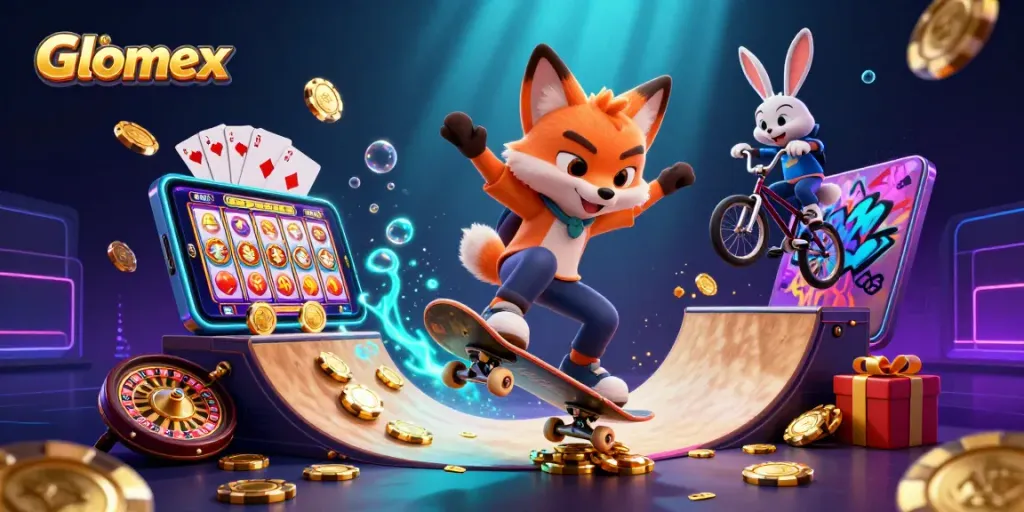 Engaging casino-themed illustration showcasing Glomex's dynamic gaming experience with vivid characters and elements.
