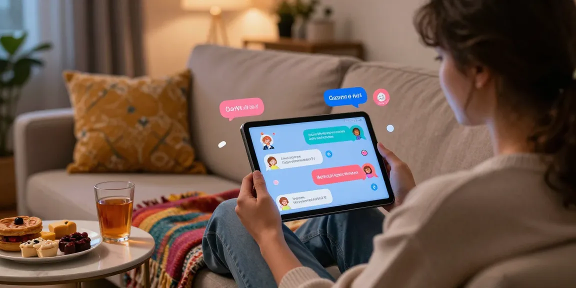 A cozy setting showcasing NSFW AI chat interactions on a tablet with engaging characters and playful messaging.