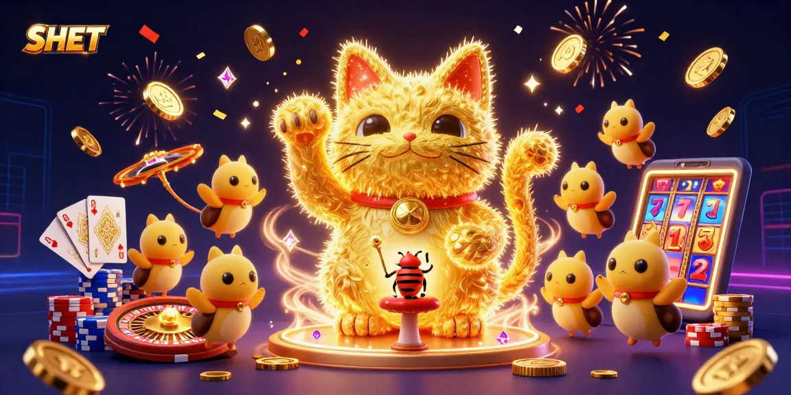 Experience the excitement at SH BET with vibrant gaming elements, including a lucky cat and dynamic casino symbols.