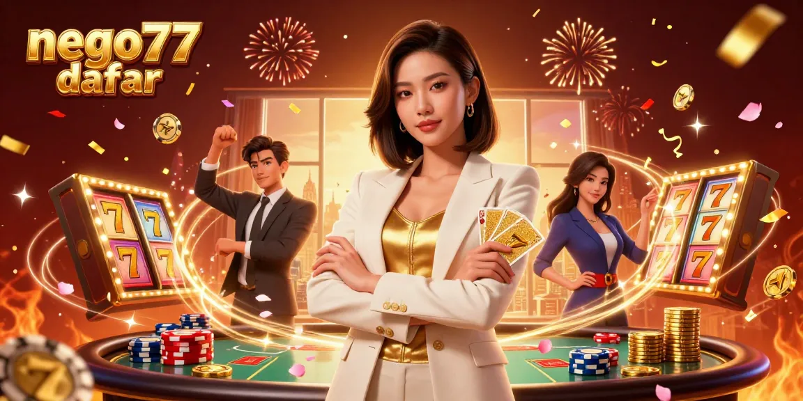 Experience seamless gaming access with nego77 daftar, featuring a powerful businesswoman amidst vibrant casino elements.