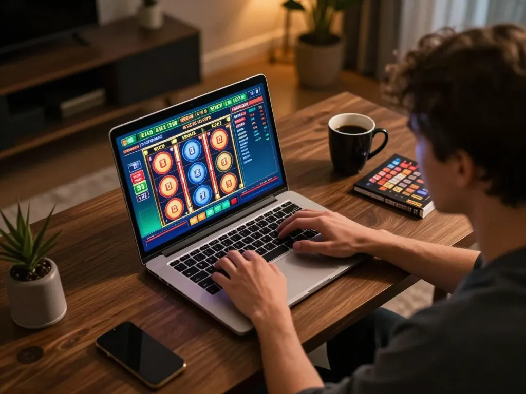 Engaged in sports betting on 123B trang chủ, a player studies live odds on a laptop in a cozy home setting.