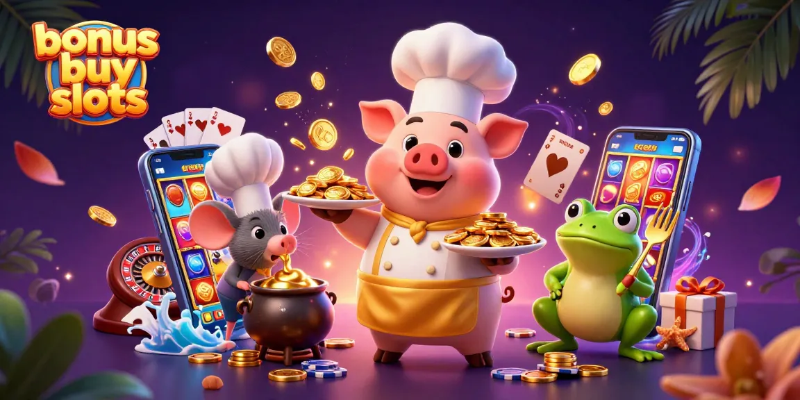 Experience thrilling bonus buy slots action with vibrant symbols and golden treasures in this fun illustration.