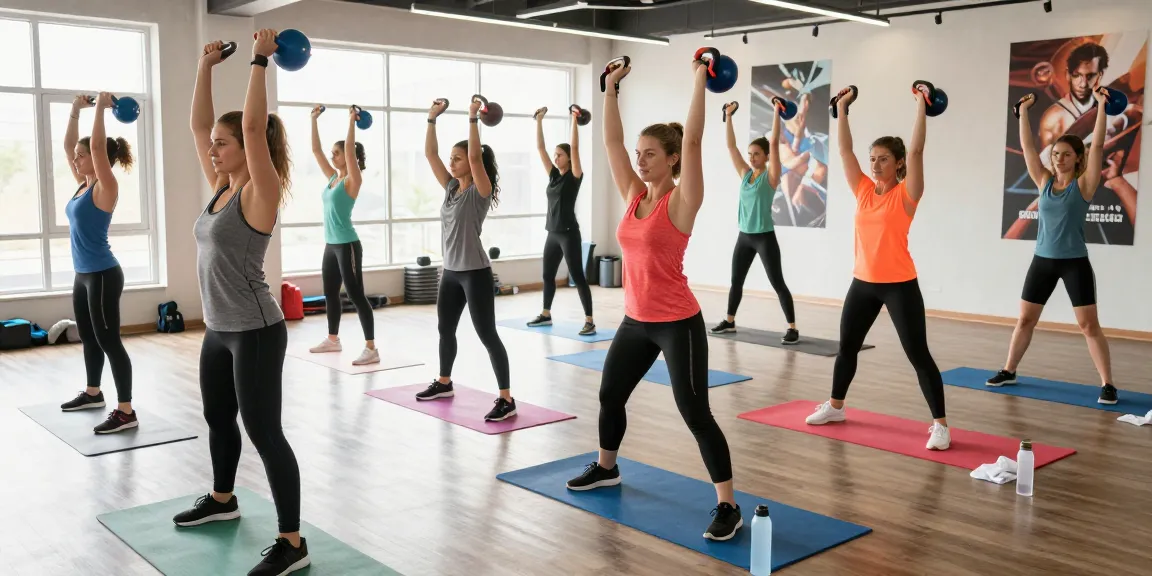 Group fitness class engaging with kettlebells and resistance bands in a dynamic gym setting