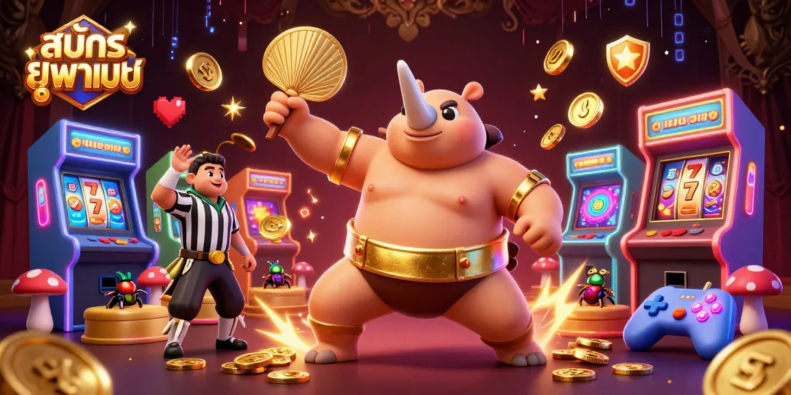 Engage in vibrant gaming excitement with สมัครยูฟ่าเบท, featuring a cartoon rhinoceros beetle champion amidst a dynamic casino scene.