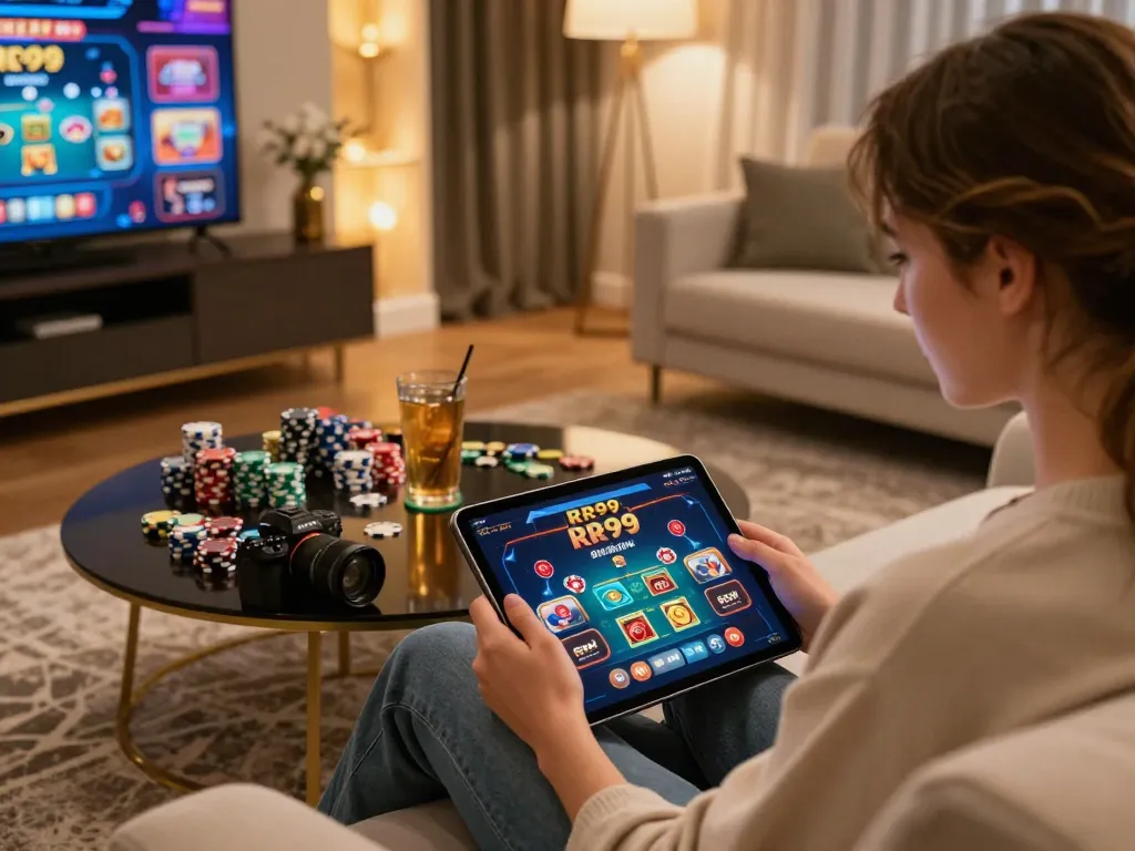 Engaged player enjoying a poker game on RR99 using a tablet in a cozy home setting