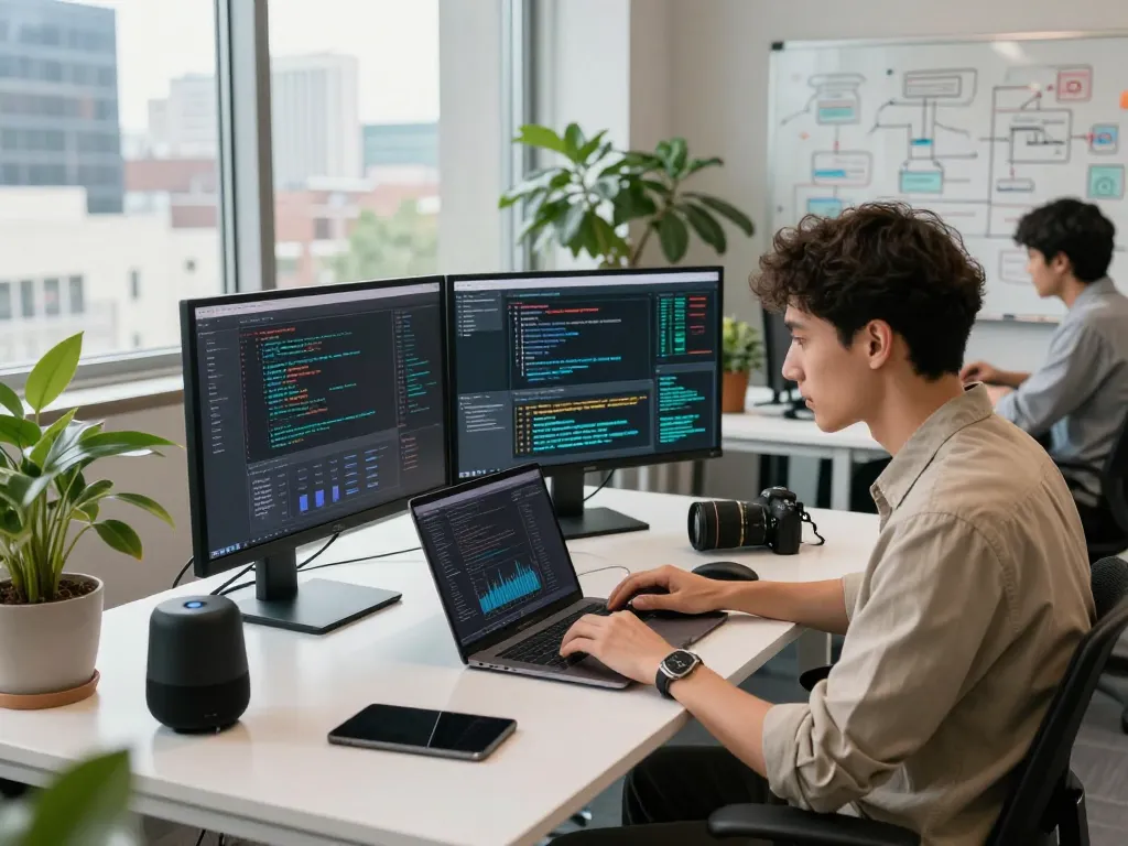 Developer coding with juicy ai in a modern urban workspace, featuring high-tech gadgets and vibrant atmosphere.