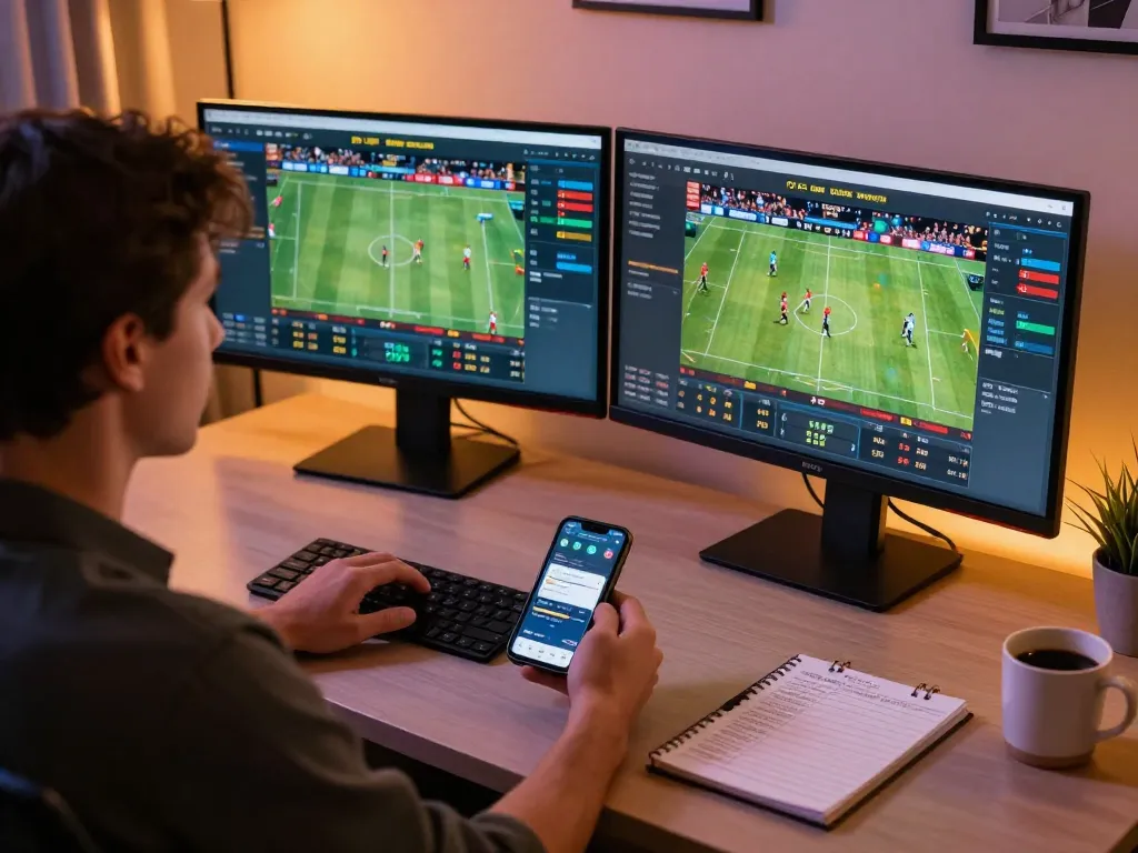 Person engaged in online sports betting, analyzing Ty le keo nha cai odds on dual monitors, with a notebook and smartphone in view