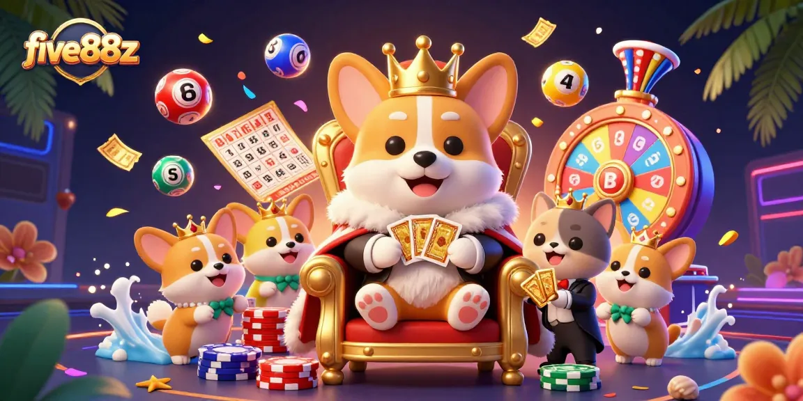 Experience excitement with five88z as a royal corgi enthrones amidst vibrant lottery game elements