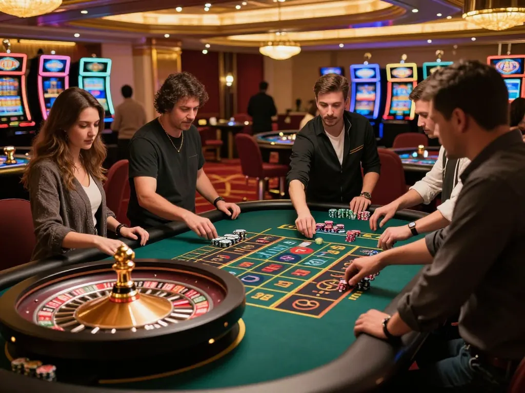 Casino players engaging in action at a roulette table showcasing gem88 com betting excitement.